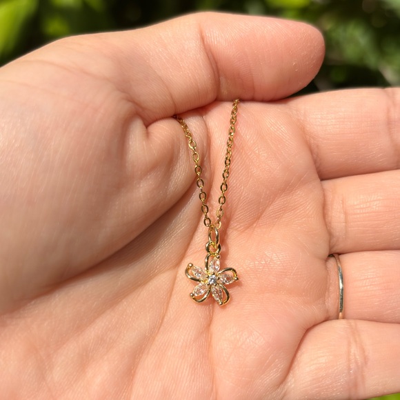 18K Gold Plated Diamond Flower Charm Necklace - Picture 4 of 9